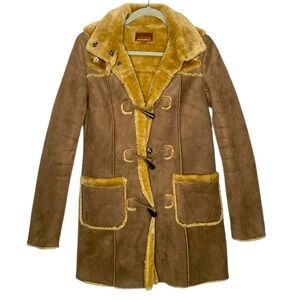 Hive & Honey Women's Brown/Tan Faux Leather Lined Winter Coat Bohemian Small